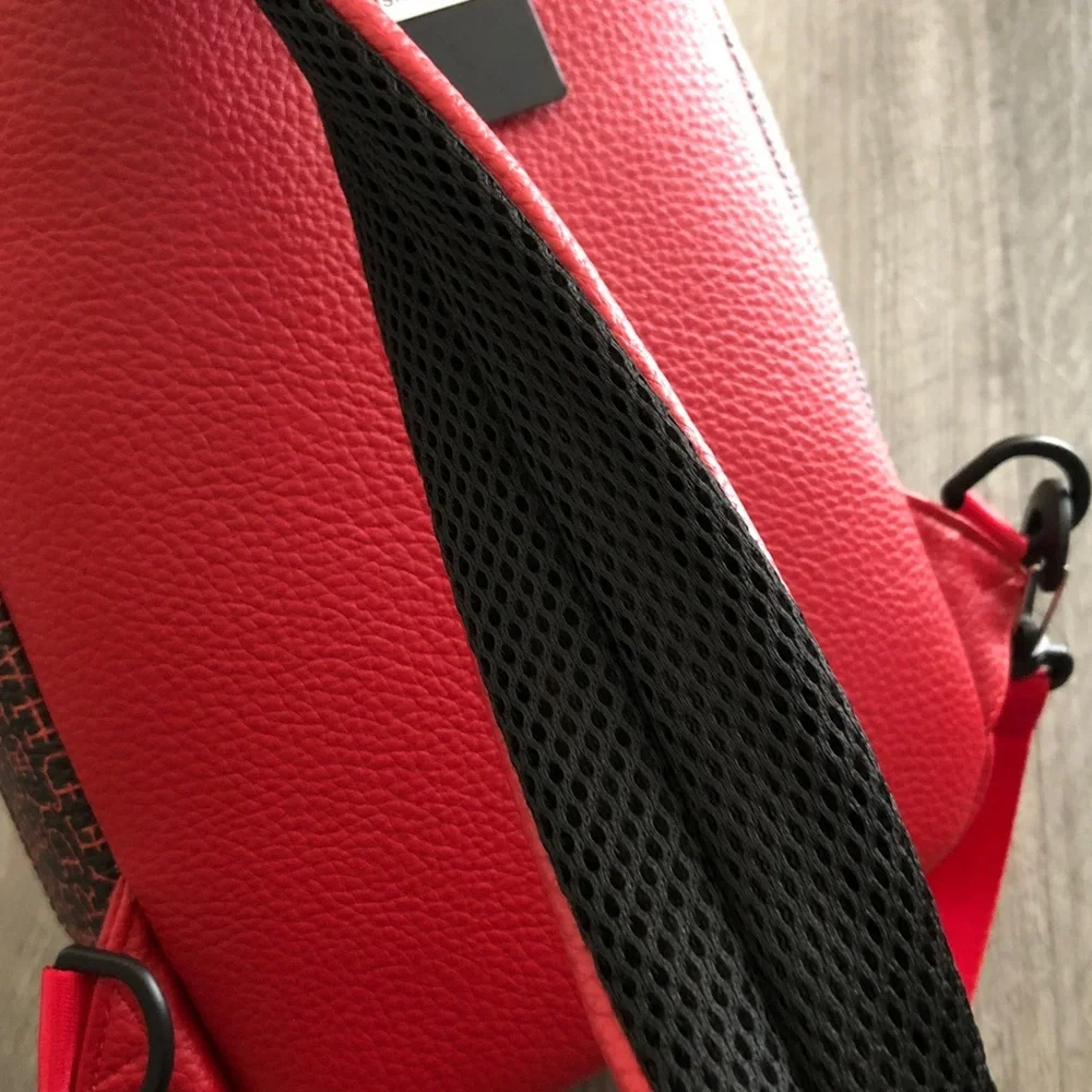 Ed Hardy Red & Black Faux Leather Cat Out Of Hell Unisex Sling Backpack NWT